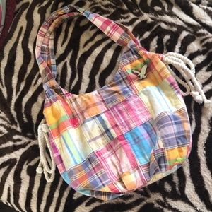 American Eagle plaid cloth purse rope detail